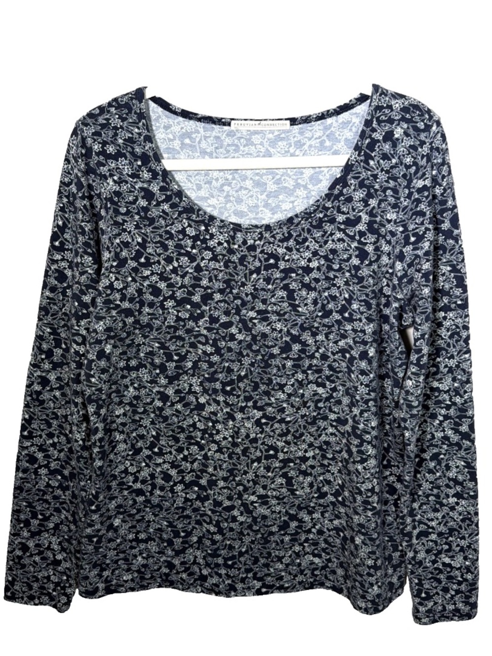 Peruvian Connection Navy and White Floral Scoop-Neck Long Sleeve Top